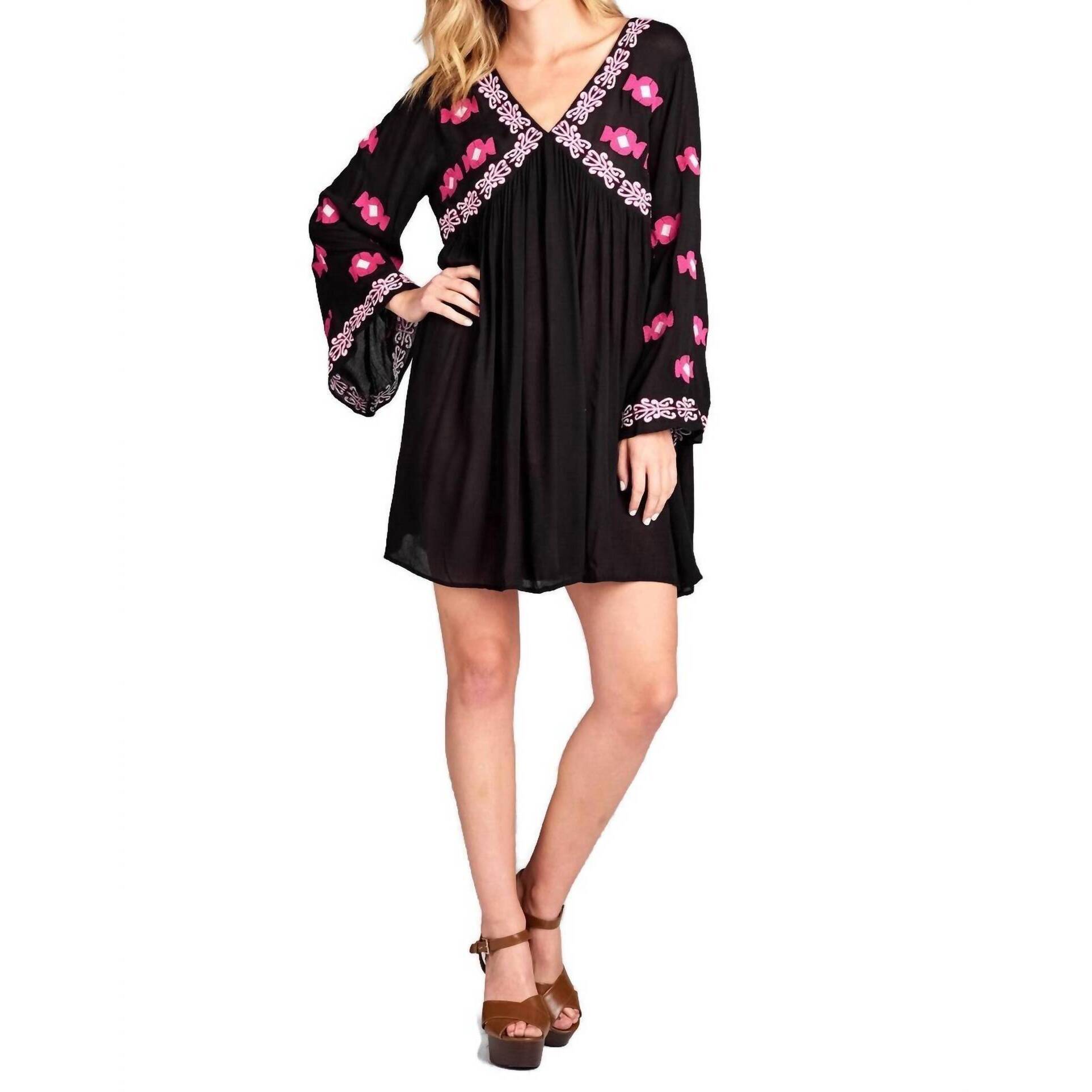 New Velzera Embroidered Bell Sleeve Mini Dress - Plus In Black